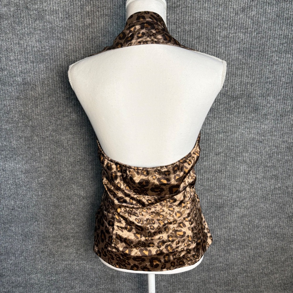 Guess Jeans Leopard Satin Halter Top Womens L Ruched Button Front Y2K 2000s - Picture 3 of 5